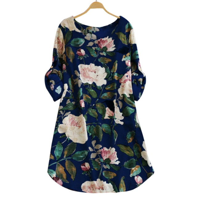 Women Plus Size 5XL O neck Floral Dresses Casual Ladies Flower