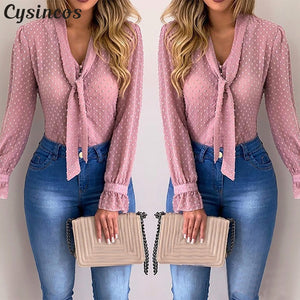 Cysincos Chiffon Blouses Women 2019 Autumn Fashion Long