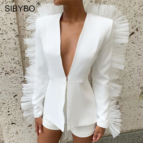 SIBYBO Deep V-Neck Mesh Spliced Sexy Women Blaze