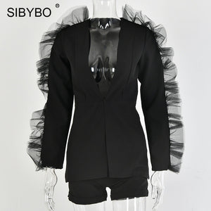 SIBYBO Deep V-Neck Mesh Spliced Sexy Women Blaze