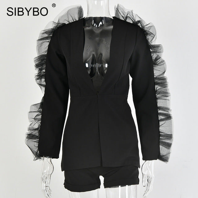 SIBYBO Deep V-Neck Mesh Spliced Sexy Women Blaze