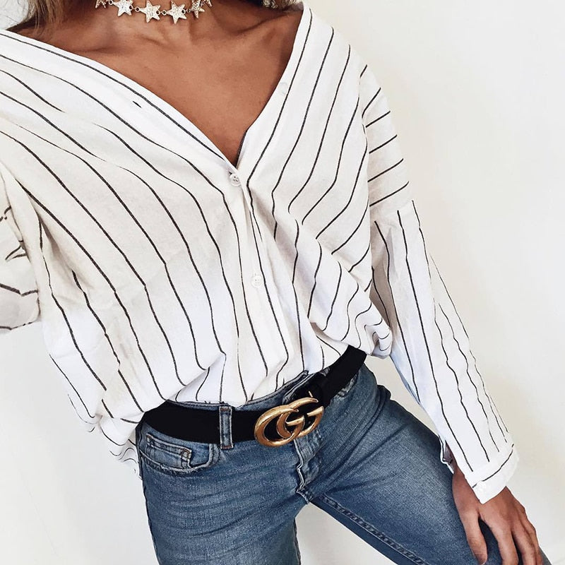 Women Loose Button Striped Shirts Casual Summer V neck Autumn