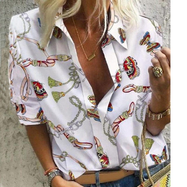 Chain Print Blouse Shirt Women's 5XL Long Sleeve Blouses