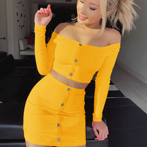 2019 Sexy Off Shoulder Two Piece Set Solid Button Bodycon 2 Piece